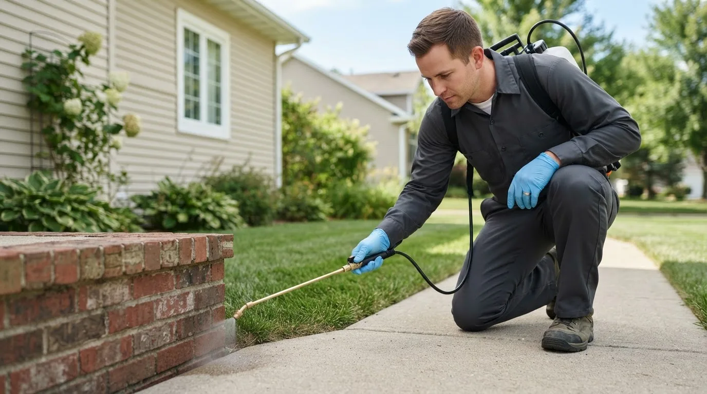 Pest control technician treating a home near Conneautville, PA