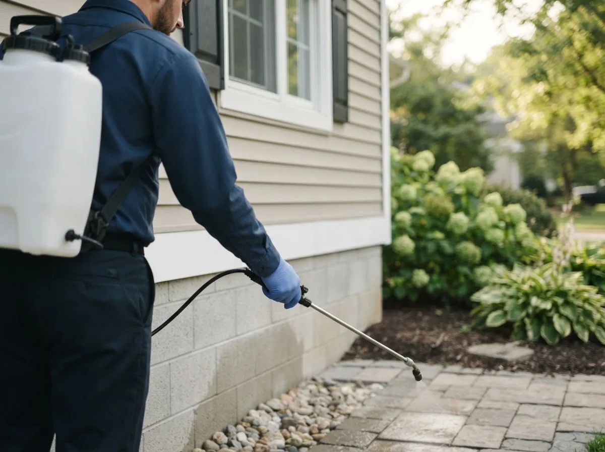 Pest control technician inspecting a home in Conneautville, PA